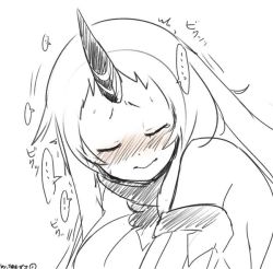 Rule 34 | 10s, 1girl, abyssal ship, blush, breasts, colored skin, commentary request, detached sleeves, dress, closed eyes, female focus, greyscale, horns, kantai collection, large breasts, long hair, monochrome, ribbed dress, seaport princess, simple background, single horn, solo, trembling, white background, white hair, white skin, yuzuki gao