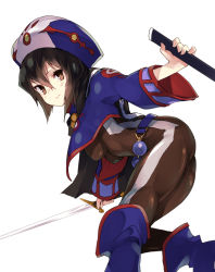 Rule 34 | 1girl, ass, belt, black hair, blush, bodysuit, breasts, brown eyes, cape, chloe valens, hat, highres, holding, holding sword, holding weapon, jacket, nuqura, shoes, short hair, simple background, smile, solo, sword, tales of (series), tales of legendia, weapon, white background