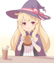 Rule 34 | 1girl, :i, blonde hair, blush, burger, chocolate milk, cloak, closed mouth, cup, drinking glass, drinking straw, food, food on face, gloves, gradient background, hat, highres, holding, holding food, jalm, little witch nobeta, long hair, looking at viewer, nobeta, purple cloak, purple hat, red eyes, solo, white background, white gloves