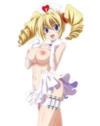 Rule 34 | 10s, 1girl, :d, artist request, blonde hair, blue eyes, breasts, drill hair, gloves, hat, heart, high school dxd, highres, large breasts, looking at viewer, navel, nipples, nurse cap, open mouth, ravel phenex, skirt, smile, solo, standing, syringe, torn clothes, transparent background, twin drills, white gloves, white skirt