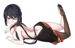 Rule 34 | 1girl, absurdres, ara han, ass, barefoot, black hair, blush, breasts, butt crack, devi (elsword), elsword, feet, highres, large breasts, long hair, looking at viewer, lying, on stomach, parted lips, see-through, see-through legwear, single sock, socks, soles, the pose, toes, yellow eyes