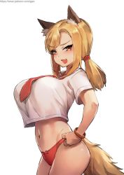 Rule 34 | animal ears, asymmetrical bangs, belly, blonde hair, bow, bow panties, breasts, commission, cowboy shot, crop top, crop top overhang, eyelashes, fang, fox ears, fox girl, fox tail, from side, gao (gaolukchup), hands on own hips, huge breasts, large breasts, looking at viewer, midriff, navel, necktie, no pants, open mouth, panties, red neckwear, red panties, shirt, short sleeves, simple background, skin fang, standing, tail, tsurime, underwear, v-shaped eyebrows, white background, white shirt, wristband, yellow eyes