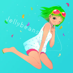 Rule 34 | 1girl, bad id, bad pixiv id, barefoot, candy, earbuds, earphones, feet, finger to mouth, food, goggles, goggles on head, green hair, green nails, gumi, jelly bean, nail polish, one eye closed, short hair, shushing, sitting, solo, tamayo, vocaloid, wariza, wink