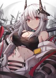 Rule 34 | 1girl, arknights, bare shoulders, black choker, breasts, choker, cleavage, commentary, crop top, hair between eyes, highres, horns, infection monitor (arknights), large breasts, long hair, looking at viewer, material growth, midriff, mudrock (arknights), mudrock (elite ii) (arknights), navel, off shoulder, oripathy lesion (arknights), parted lips, pointy ears, red eyes, silver hair, solo, sports bra, stomach, stratoz