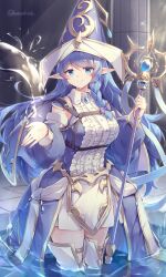 Rule 34 | 1girl, bare shoulders, blue eyes, blue hair, boots, braid, breasts, detached sleeves, dress, duel monster, elf, hat, highres, holding, holding staff, kanzakietc, large breasts, long hair, long sleeves, pointy ears, single braid, smile, solo, staff, thigh boots, water, water enchantress of the temple, witch hat, yu-gi-oh!