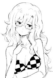 Rule 34 | 1girl, bikini, blush, breasts, checkered bikini, checkered bikini top, checkered clothes, cleavage, collarbone, drawfag, expressionless, finger to face, glasses, greyscale, hatching (texture), highres, kiryuu moeka, large breasts, linear hatching, looking to the side, messy hair, monochrome, parted bangs, semi-rimless eyewear, simple background, sketch, solo, steins;gate, swimsuit, upper body, wavy hair, white background