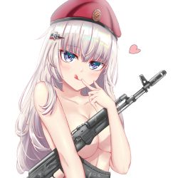 Rule 34 | 1girl, :d, absurdres, ak-74m, ak74m (girls&#039; frontline), assault rifle, bare shoulders, beret, blue eyes, blush, breasts, cleavage, closed mouth, collarbone, completely nude, convenient censoring, finger to mouth, girls&#039; frontline, grey hair, gun, hair ornament, hairclip, hat, heart, heart print, highres, kalashnikov rifle, katsuboys, licking lips, long hair, looking at viewer, medium breasts, nude, open mouth, rifle, russian flag, smile, snowflake hair ornament, solo, tongue, tongue out, topless, upper body, weapon, white background