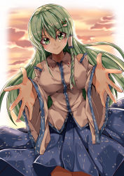 Rule 34 | 1girl, absurdres, blouse, blue skirt, breasts, collared shirt, commentary request, cowboy shot, detached wings, frog hair ornament, green eyes, grey hair, hair between eyes, hair ornament, hair tubes, highres, kochiya sanae, large breasts, long hair, mahoro (minase mahoro), outdoors, outstretched arms, outstretched hand, shirt, skirt, sleeveless, sleeveless shirt, snake hair ornament, solo, touhou, twilight, white shirt, wide sleeves, wings