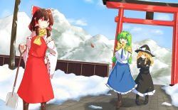 Rule 34 | 3girls, black dress, black footwear, blonde hair, blue skirt, blue sky, boots, bow, brown footwear, brown hair, commentary request, cross-laced footwear, crossed arms, day, detached sleeves, dress, frog hair ornament, green hair, hair between eyes, hair bow, hair ornament, hair tubes, hakurei reimu, hat, highres, kirisame marisa, kochiya sanae, lace-up boots, mokutan (link machine), multiple girls, nontraditional miko, pigeon-toed, red shirt, red skirt, scarf, shirt, short hair, shovel, skirt, sky, snow, torii, touhou, touhou cannonball, white shirt, witch hat, yellow eyes, yellow neckwear