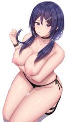 Rule 34 | 1girl, absurdres, arm under breasts, assault lily, bad id, bad pixiv id, bikini, bikini bottom only, black bikini, black choker, black footwear, blush, breast hold, breasts, chin gero, choker, cleavage, closed mouth, collarbone, commentary request, hair between eyes, hair ornament, hair tie, hairclip, hand up, highres, holding, holding hair, knees out of frame, lactation, large breasts, legs together, long hair, looking at viewer, low twintails, nipples, puffy nipples, purple eyes, purple hair, sandals, side-tie bikini bottom, simple background, smile, solo, squatting, string bikini, swimsuit, topless, twintails, watanabe akane, white background, wristband