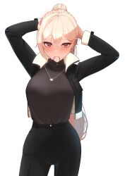 Rule 34 | 1girl, absurdres, adjusting hair, ahoge, arms behind head, arms up, black jacket, black pants, black sweater, blonde hair, blush, breasts, contrapposto, cowboy shot, hair behind ear, hair between eyes, hair tie, hair tie in mouth, highres, jacket, jewelry, jingburger, jirari, large breasts, long hair, long sleeves, looking at viewer, mouth hold, necklace, open clothes, open jacket, pants, ponytail, red eyes, simple background, solo, sweater, turtleneck, turtleneck sweater, tying hair, very long hair, virtual youtuber, waktaverse, white background