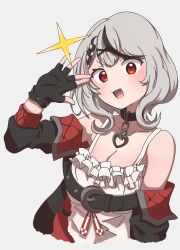 Rule 34 | 1girl, bare shoulders, belt, belt buckle, black coat, black gloves, braid, breasts, buckle, camisole, cleavage, coat, collar, cropped torso, fang, fingerless gloves, frilled shirt, frills, gloves, grey hair, hand up, highres, hololive, large breasts, looking at viewer, medium hair, multicolored hair, off shoulder, open mouth, red eyes, sakamata chloe, sakamata chloe (1st costume), shirt, simple background, single braid, smile, solo, sparkle, streaked hair, uni gyoza, upper body, virtual youtuber, waving, white background, white shirt