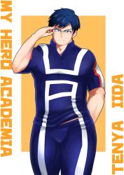 Rule 34 | 1boy, absurdres, bara, blue hair, blue pants, boku no hero academia, bulge, contrapposto, feet out of frame, frown, glasses, highres, iida tenya, looking at viewer, male focus, midriff peek, muscular, muscular male, osu (osumankokuou), pants, pectorals, school uniform, short hair, short sleeves, solo, thick thighs, thighs