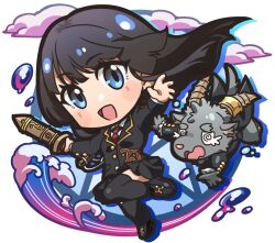 Rule 34 | 1boy, 1girl, @ @, black hair, black jacket, black thighhighs, blue eyes, chibi, cloud, distress, drop shadow, falling, full body, furry, furry male, goat boy, goat horns, highres, hime cut, holding, holding sword, holding weapon, horn ornament, horn ring, horns, jacket, loafers, long hair, looking at viewer, necktie, nizitaro, open mouth, pleated skirt, protagonist 2 (housamo), red necktie, salomon (housamo), school uniform, shoes, skirt, sword, thighhighs, tokyo houkago summoners, waves, weapon
