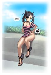 Rule 34 | 1girl, alternate costume, aqua eyes, artist logo, asymmetrical bangs, bare legs, black choker, black footwear, black hair, black panties, black shirt, blue sky, breasts, choker, cleavage, collarbone, commentary, creatures (company), day, earrings, english commentary, english text, eyelashes, feet, full body, game freak, high heels, highres, hoop earrings, jewelry, legs, linkartoon, marnie (pokemon), nintendo, no pants, outdoors, oversized clothes, oversized shirt, panties, pink shirt, pokemon, pokemon swsh, sandals, shirt, short sleeves, single sleeve, sitting, skindentation, sky, small breasts, solo, strappy heels, striped clothes, striped shirt, sweatdrop, thighs, toenails, toes, twintails, underwear