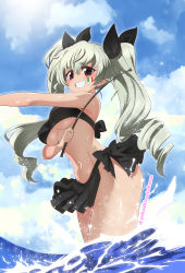 Rule 34 | 1girl, absurdres, anchovy (girls und panzer), bikini, black bikini, blush, breasts, brown eyes, cloud, cloudy sky, drill hair, girls und panzer, green hair, grin, highres, italian flag, long hair, looking at viewer, navel, partially submerged, sky, smile, solo, sweat, swimsuit, thighs, twintails, underboob, very long hair, whip, yokoshima takemaru