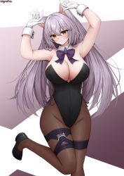Rule 34 | 1girl, absurdres, animal ears, arms up, bare shoulders, black footwear, black leotard, bow, bowtie, breasts, brown pantyhose, closed mouth, detached collar, gloves, highres, large breasts, leotard, long hair, looking at viewer, original, pantyhose, playboy bunny, purple bow, purple bowtie, purple hair, smile, solo, thigh strap, thighs, ueyama 0clock, white gloves, wrist cuffs, yellow eyes