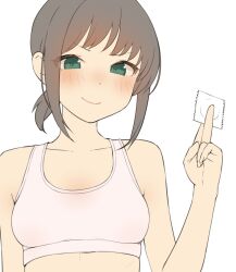 Rule 34 | 1girl, alternate breast size, armpit crease, bare arms, blush, bra, breasts, brown hair, collarbone, condom, dot nose, fubuki (kancolle), green eyes, hand up, holding, holding condom, kantai collection, looking at viewer, low ponytail, medium breasts, medium hair, pink sports bra, sakieko, sidelocks, simple background, smile, smug, solo, sports bra, underwear, unfinished, upper body, white background