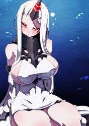 Rule 34 | 1girl, absurdres, abyssal ship, air bubble, blush, breasts, bubble, colored skin, commentary request, detached sleeves, dress, glowing horns, highres, horns, jin (mugenjin), kantai collection, large breasts, pale skin, red eyes, ribbed dress, seaport princess, short dress, sideboob, single horn, solo, sweater, sweater dress, underwater, white hair, white skin