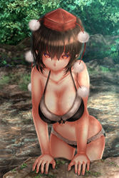 Rule 34 | 1girl, arm support, black bra, black hair, black panties, bow, bow bra, bra, breasts, cleavage, closed mouth, collarbone, cowboy shot, dappled sunlight, day, frilled panties, frills, hat, highres, large breasts, leaning forward, light frown, looking at viewer, navel, outdoors, panties, pointy ears, red eyes, see-through, shameimaru aya, short hair, short sleeves, shounen (hogehoge), solo, standing, sunlight, tokin hat, touhou, underwear, underwear only, wet, wet hair