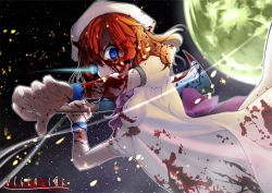 Rule 34 | 1girl, axe, back bow, blood, blood in hair, blood on clothes, blood on face, bloody weapon, blue eyes, bow, bowtie, chuutaro metal, copyright name, dress, floating hair, full moon, hair between eyes, hat, hatchet (axe), highres, higurashi no naku koro ni, holding, holding weapon, long hair, looking at viewer, moon, orange hair, purple bow, purple bowtie, ryuuguu rena, short sleeves, sky, solo, star (sky), starry sky, weapon, white dress, white hat, wristband