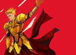Rule 34 | 1boy, armor, blonde hair, fate/zero, fate (series), gate of babylon (fate), gilgamesh (fate), k-rei, male focus, realistic, red background, red eyes, solo
