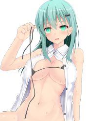 Rule 34 | 10s, 1girl, :d, arm at side, bare shoulders, bikini, bikini top only, black bikini, blush, breasts, buttons, cleavage, collared shirt, green eyes, green hair, hair ornament, hairclip, kantai collection, large breasts, long hair, matching hair/eyes, micro bikini, navel, open clothes, open mouth, open shirt, shirt, simple background, sitting, sleeveless, sleeveless shirt, smile, solo, stomach, suzuya (kancolle), sweatdrop, swimsuit, takeyuu, unbuttoned, unbuttoned shirt, undressing, untying, white background, wing collar