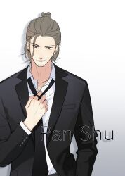 Rule 34 | 1boy, adjusting clothes, adjusting necktie, black jacket, black necktie, breast pocket, brown eyes, brown hair, character name, chinese commentary, closed mouth, collared shirt, commentary request, djun, earrings, gradient background, hair bun, here u are, highres, jacket, jewelry, lapels, long sleeves, looking at viewer, male focus, medium hair, necktie, notched lapels, pan shu, pocket, ring, shirt, solo, upper body, white shirt