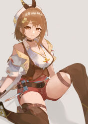 Rule 34 | 1girl, absurdres, atelier (series), atelier ryza, atelier ryza 3, belt, braid, breast pocket, breasts, brown belt, brown eyes, brown gloves, brown hair, brown thighhighs, brown vest, choker, cleavage, clover hair ornament, collared shirt, crown braid, dangle earrings, earrings, gloves, hair ornament, hat, highres, jewelry, large breasts, leather, leather belt, leather gloves, multiple bracelets, pocket, red shorts, reisalin stout, shirt, short hair, short shorts, shorts, single glove, solo, star (symbol), star choker, star earrings, teaz917, thighhighs, vest, white hat, x hair ornament