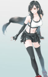 Rule 34 | 1girl, arm guards, asymmetrical gloves, bare shoulders, black hair, black thighhighs, breasts, cleavage, collarbone, crop top, earrings, final fantasy, final fantasy vii, final fantasy vii remake, fingerless gloves, gloves, highres, jewelry, large breasts, long hair, low-tied long hair, navel, pleated skirt, red eyes, sidelocks, simple background, skirt, smile, solo, sports bra, suspender skirt, suspenders, tank top, thighhighs, tifa lockhart, uneven gloves, user zdgc3285, zettai ryouiki