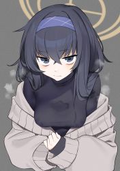 Rule 34 | 1girl, black eyes, black hair, blue archive, breasts, grey background, hair between eyes, hairband, halo, highres, kitou sakeru, long hair, medium breasts, messy hair, pointy breasts, solo, steam, steaming body, sweater, sweaty clothes, turtleneck, ui (blue archive), wet, wet clothes
