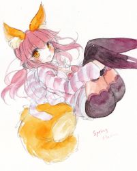 Rule 34 | 10s, 1girl, animal ears, bad id, bad pixiv id, fate/extra, fate/extra ccc, fate (series), fina (sa47rin5), fox ears, fox tail, official alternate costume, painting (medium), pink hair, solo, tail, tamamo (fate), tamamo no mae (fate/extra), tamamo no mae (spring casual) (fate), traditional media, watercolor (medium), yellow eyes