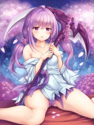 Rule 34 | 1girl, bare shoulders, blush, breasts, cherry blossoms, collarbone, duel monster, flower, ghost reaper &amp; winter cherries, gluteal fold, hair flower, hair ornament, highres, holding, holding weapon, japanese clothes, kimono, long hair, looking at viewer, low twintails, off shoulder, panties, pantyshot, parted lips, petals, pink eyes, pink hair, pink panties, scythe, short kimono, sitting, small breasts, solo, torn clothes, torn kimono, twintails, underwear, wariza, weapon, yu-gi-oh!, yuki usagi (snowcanvas)
