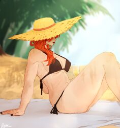 Rule 34 | 1girl, alcohol, beach mat, bikini, black bikini, black nails, blue sky, breasts, champagne, champagne flute, closed mouth, cloud ya, commentary, cup, drinking glass, english commentary, hat, holding, holding cup, honkai (series), honkai impact 3rd, large breasts, lipstick, long hair, makeup, mole, mole on breast, murata himeko, muscular, muscular female, nail polish, outdoors, palm tree, red hair, red lips, sitting, sky, solo, straw hat, summer, swimsuit, tree