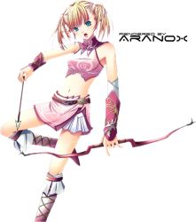 Rule 34 | 1girl, aranox, arrow (projectile), blonde hair, bow, bow (weapon), breasts, elf, green eyes, holding, holding weapon, midriff, navel, pointy ears, small breasts, solo, weapon