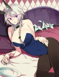 Rule 34 | 1girl, alternate eye color, animal ears, bed, bow, bowtie, braid, breasts, rabbit ears, playboy bunny, drink, covered erect nipples, fakepucco, flower, glass, izayoi sakuya, large breasts, maid headdress, pantyhose, pillow, plate, purple eyes, short hair, silver hair, smile, solo, touhou, twin braids