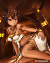 Rule 34 | 1girl, animal, animal ears, animal on head, anklet, armlet, bad id, bad pixiv id, bastet (mythology), blush, bracelet, brown hair, cat, cat on head, circlet, dark-skinned female, dark skin, egyptian clothes, jewelry, long hair, lots of jewelry, midriff, on head, original, red eyes, skirt, smile, solo, ss39, thigh strap