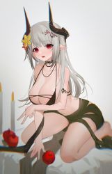 Rule 34 | 1girl, apple, arknights, armlet, bad id, bad pixiv id, bare legs, bare shoulders, bikini, black bikini, black ribbon, blush, breasts, candle, cleavage, collar, collarbone, flower, food, fruit, grey background, hair flower, hair ornament, highres, horns, infection monitor (arknights), jewelry, kneeling, large breasts, leaning forward, long hair, long sleeves, mudrock (arknights), mudrock (silent night) (arknights), necklace, official alternate costume, open mouth, pointy ears, red eyes, red flower, ribbon, silver hair, simple background, solo, swimsuit, yellow flower