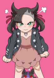 Rule 34 | puff of air, angry, arms at sides, asymmetrical bangs, black hair, black jacket, black nails, creatures (company), dress, earrings, enohito, game freak, gen 8 pokemon, green eyes, hair ribbon, highres, jacket, jewelry, looking at viewer, marnie (pokemon), medium hair, morpeko, morpeko (hangry), nail polish, nintendo, open clothes, open jacket, pink background, pink dress, pokemon, pokemon (creature), pokemon swsh, ribbon, simple background, twintails