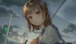 Rule 34 | 1girl, bad id, bad pixiv id, blue sailor collar, brown eyes, brown hair, carrying bag, close-up, closed mouth, commentary request, dotz, from side, highres, holding, holding umbrella, looking at viewer, looking to the side, neckerchief, original, outdoors, over shoulder, rain, red neckerchief, revision, sailor collar, scenery, school uniform, serafuku, shirt, short hair, solo, traffic light, transparent, transparent umbrella, umbrella, uniform, white shirt