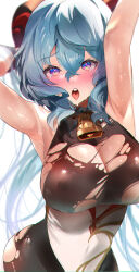 Rule 34 | 1girl, ahoge, armpits, arms up, bare shoulders, bell, black pantyhose, blue hair, blush, breasts, cleavage, covered erect nipples, ganyu (genshin impact), genshin impact, gold trim, highres, horns, large breasts, long hair, looking at viewer, moco (moco michi), neck bell, open mouth, pantyhose, purple eyes, saliva, sidelocks, skindentation, solo, sweat, tongue, torn clothes, upper body, white background