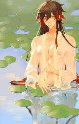 Rule 34 | 1boy, bathing, flower, genshin impact, highres, holding, holding flower, lily pad, male focus, pond, ppttlyr, see-through, see-through shirt, smile, solo, zhongli (genshin impact)