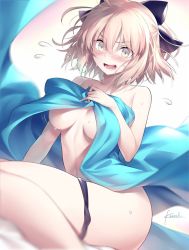 Rule 34 | 1girl, artist name, bare shoulders, black panties, blonde hair, blurry, blush, breasts, covering privates, covering breasts, depth of field, fate/grand order, fate (series), flying sweatdrops, hair ribbon, hand on own chest, koha-ace, kousaki rui, medium breasts, okita souji (fate), okita souji (koha-ace), open mouth, panties, panties around leg, ribbon, short hair, solo, sweat, underboob, underwear, yellow eyes