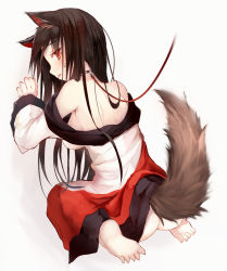 Rule 34 | 1girl, animal ears, ass, backboob, bad id, bad pixiv id, bare shoulders, barefoot, bent over, breasts, brown eyes, brown hair, collar, downblouse, efe, fang, full body, hanging breasts, imaizumi kagerou, large breasts, leash, long hair, long sleeves, looking at viewer, looking back, no bra, no panties, off shoulder, open mouth, seiza, shirt, sideboob, simple background, sitting, skirt, solo, tail, touhou, very long hair, white background, wide sleeves, wolf ears, wolf tail