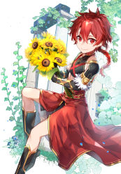Rule 34 | 1boy, alexander (fate), armlet, belt, black footwear, black gloves, black shirt, boots, bouquet, bracer, braid, closed mouth, column, commentary request, crop top, earrings, elbow gloves, falling petals, fate/grand order, fate (series), floating hair, flower, from side, fur-trimmed gloves, fur trim, gloves, gold trim, hair between eyes, hand up, holding, holding bouquet, hoop earrings, jewelry, kawasemi (pocorit), knee boots, leaf, long hair, looking at viewer, male focus, petals, pillar, plant, red belt, red eyes, red hair, shirt, single braid, sleeveless, sleeveless shirt, smile, solo, sunflower, vines, waist cape, white background, wind