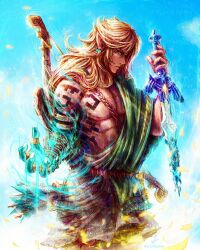 Rule 34 | 1boy, abs, absurdres, alternate hair length, alternate hairstyle, archaic set (zelda), arm tattoo, armlet, blue background, blue eyes, bow (weapon), bracer, commentary, digital dissolve, english commentary, glowing arm, highres, holding, holding sword, holding weapon, link, long hair, magic, male focus, master sword, messy hair, muscular, muscular male, nintendo, pectorals, pointy ears, quiver, reverse grip, shoulder tattoo, single bare shoulder, solo, sword, tattoo, the legend of zelda, the legend of zelda: tears of the kingdom, toga, tylor hepner, weapon, weapon on back