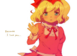 Rule 34 | 1girl, alternate costume, blonde hair, blue eyes, bow, child, commentary, dress, english text, hair bow, hairband, long sleeves, looking at viewer, mother (game), mother 2, nintendo, paula (mother 2), pink dress, red bow, ribbon, senntakuya, short hair, skirt, smile, solo