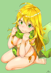 Rule 34 | 1girl, ahoge, bare arms, bare legs, barefoot, bikini, blonde hair, blush, breasts, cleavage, commentary request, feet, full body, green background, green eyes, green scarf, hoshii miki, idolmaster, idolmaster (classic), large breasts, long hair, looking at viewer, messy hair, orange bikini, scarf, scarf grab, side-tie bikini bottom, simple background, sitting, smile, soles, solo, swimsuit, toes, yanngoto