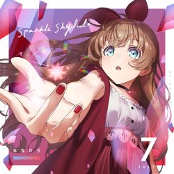Rule 34 | 1girl, :o, bare arms, blue eyes, breasts, brooch, brown hair, choker, collarbone, cover, dress, highres, indie utaite, jewelry, long hair, looking at viewer, nail polish, nanahira, official art, open mouth, original, outstretched hand, red nails, small breasts, solo, upper body, yufu kyouko