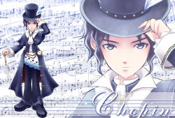 Rule 34 | 1boy, adjusting clothes, adjusting headwear, black hair, character name, expressionless, feathers, formal, frederic chopin (trusty bell), grey eyes, hat, male focus, pants, pocket watch, rie (minori), shoes, solo, staff, suit, top hat, trusty bell, watch, zoom layer